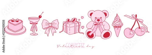 Set of cute coquette romantic elements with bows, ribbons, dots, cherry, hearts. Elegant Valentine vintage cliparts in pastel pink color. Hand drawn line art girly decor. Vector illustration