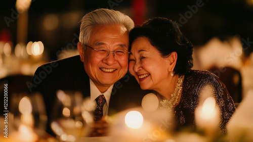 A photo of an elderly couple at their wedding anniversary dinner, sharing tender moments and laughter as they kiss on the cheek in celebration. Ai generated photo