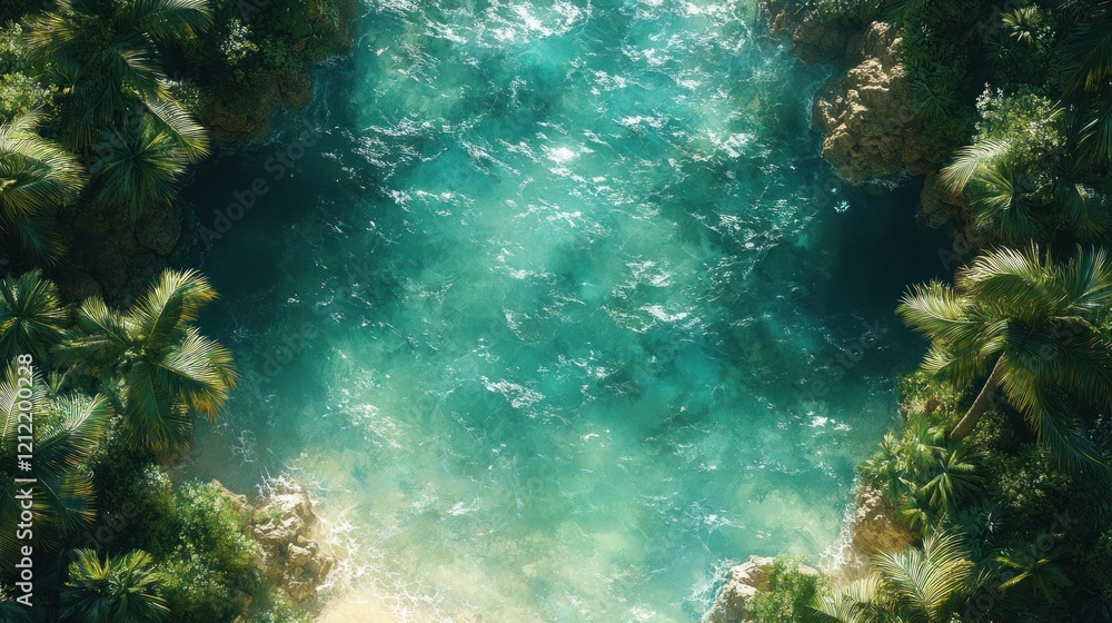 Fototapeta premium Aerial view of a tranquil turquoise lagoon surrounded by lush tropical vegetation and sandy shores
