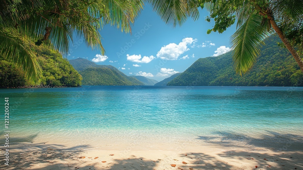 Fototapeta premium Serene tropical beach with clear turquoise water, surrounded by lush green mountains under a bright sky