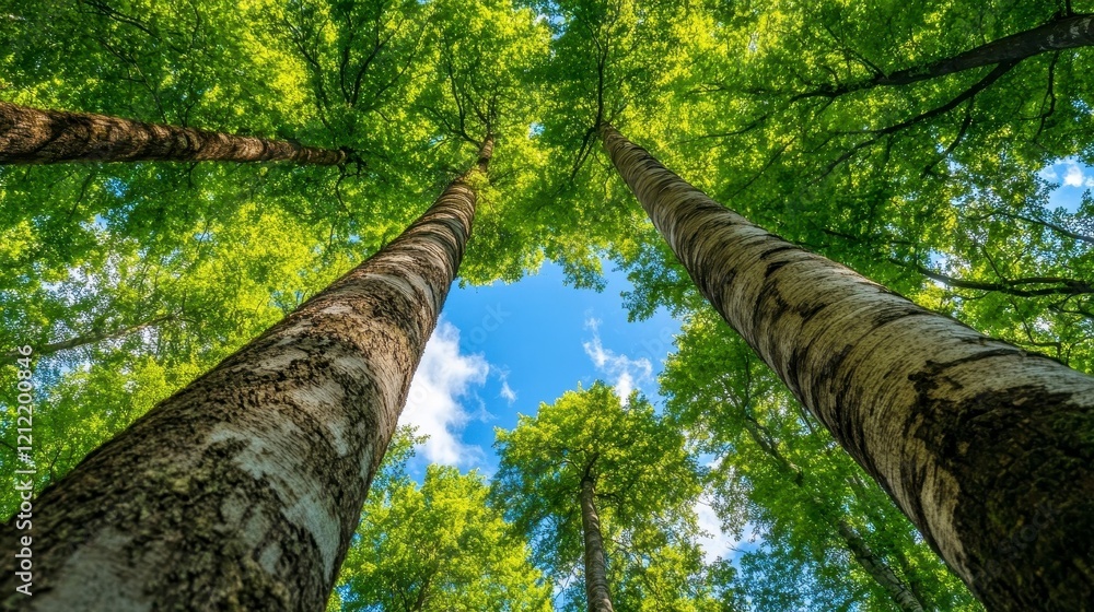 Fototapeta premium Majestic Tall Trees Surrounded by Lush Green Foliage and Sky