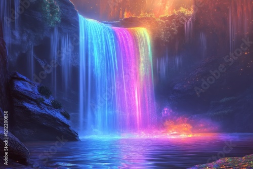 Enchanting Rainbow Waterfall in a Mystical Cave