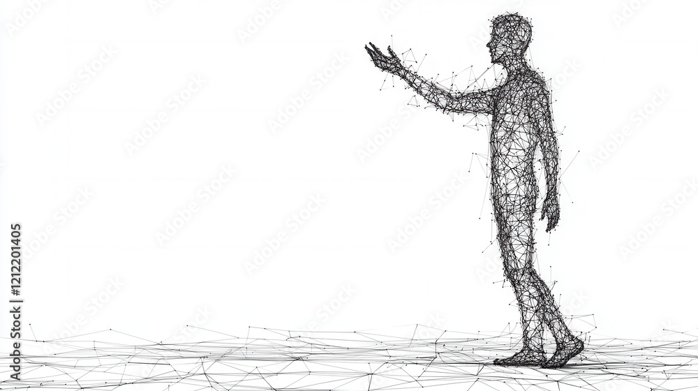 Fototapeta premium Continuous line art of a figure waving farewell, minimalist design, low poly aesthetics, expressive and emotive composition
