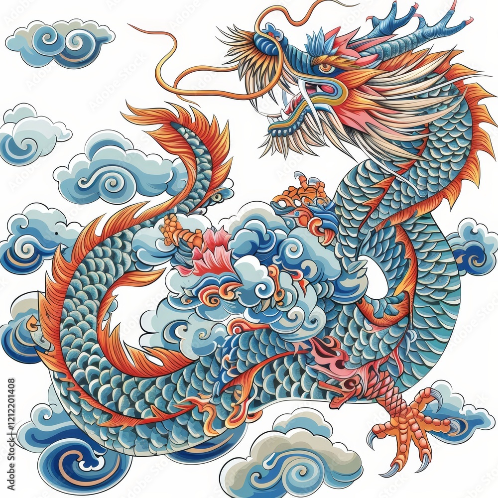 Fototapeta premium A vibrant blue and red Chinese dragon with sharp claws and a ferocious expression soars through swirling clouds.