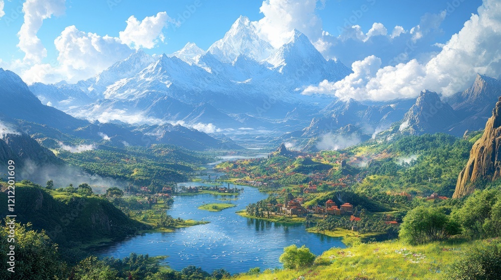 Tranquil nature landscape with stunning mountains and river for ecommerce shopping basket inspiration Tranquil nature landscape with stunning mountains and river for ecommerce shopping basket inspiration