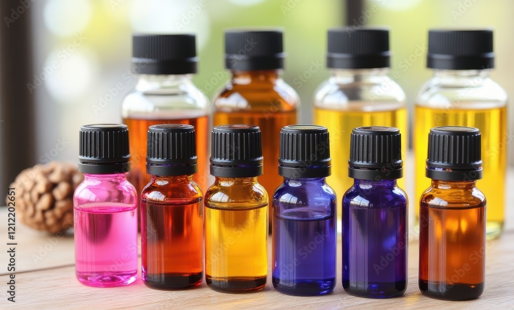 Colorful essential oil bottles arranged neatly Colorful essential oil bottles arranged neatly