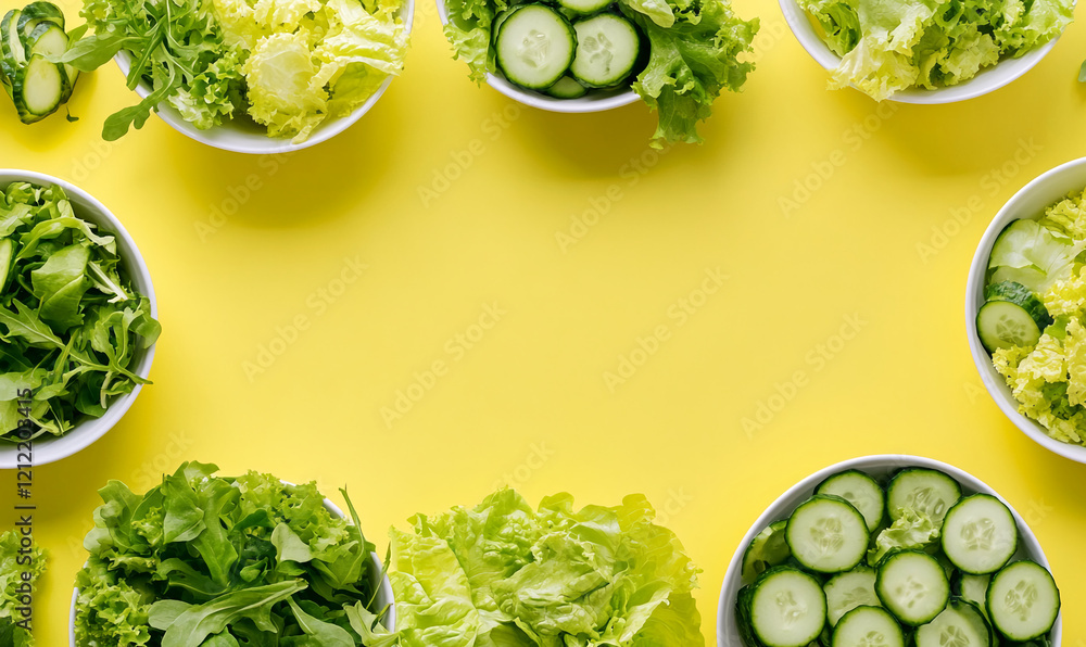 Obraz premium Fresh Green Salad with Sliced Cucumbers and Lettuce on Yellow Background, top view
