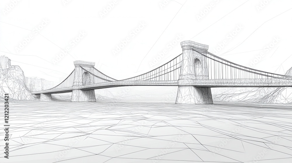 Fototapeta premium Continuous line drawing of a bridge over a river, minimalist design, low poly aesthetic, flowing shapes, harmonious composition