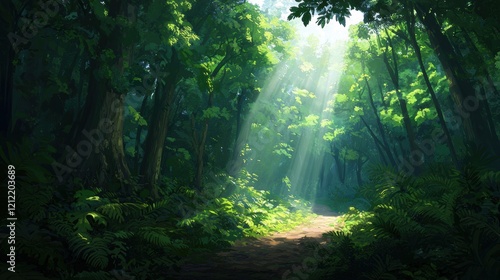 Golden sunbeams illuminate a lush verdant forest path creating a tranquil and serene nature scene