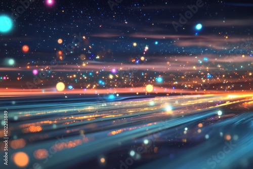 Abstract cosmic landscape with glowing particles and light streaks