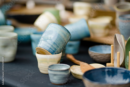 Ceramic dishes, tableware and jugs sold on Kaziuko muge or Kaziukas fair, traditional Easter market in Vilnius, Lithuania photo