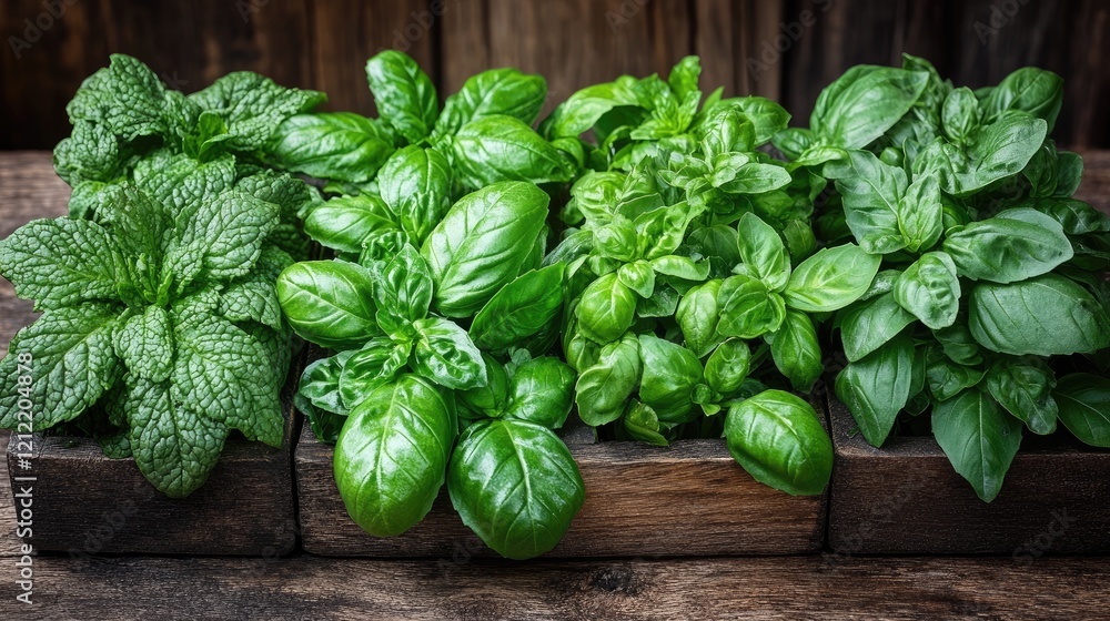 A detailed close-up of fresh herbs being cut and arranged for a cooking dish, with a rustic wooden surface. A detailed close-up of fresh herbs being cut and arranged for a cooking dish, with a rustic wooden surface.