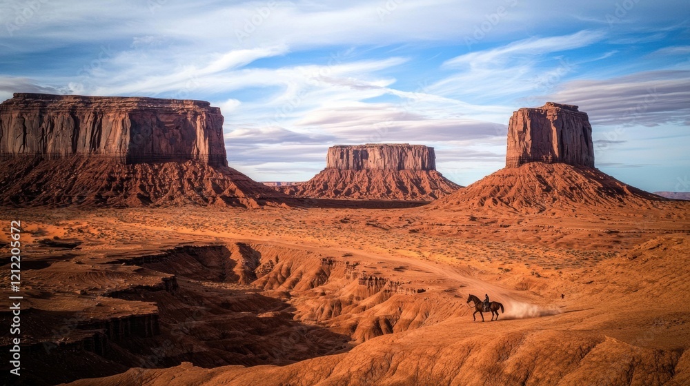 Lone rider on horseback traverses a vast crimson red rock desert landscape under a blazing sun Lone rider on horseback traverses a vast crimson red rock desert landscape under a blazing sun