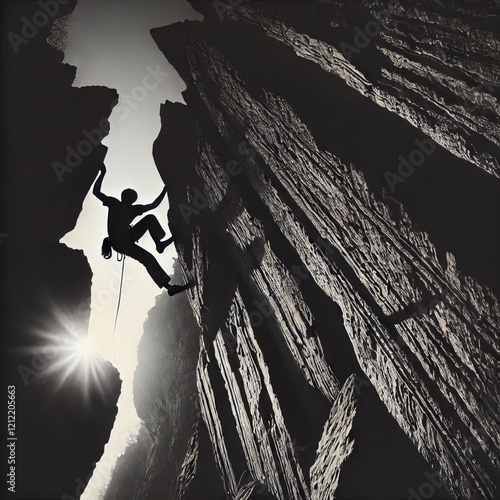 Silhouette of a Rock Climber Sharp angular lines against a textu photo