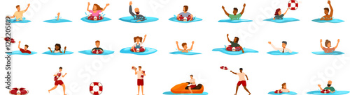 Drowning people icons set. Lifeguards are rescuing drowning people using lifebuoys and an inflatable boat, ensuring safety and providing assistance in water emergencies