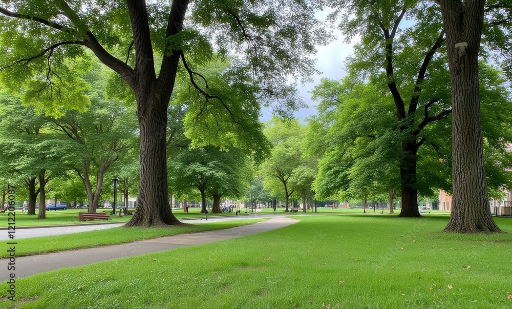 Lush green park lined with trees Lush green park lined with trees