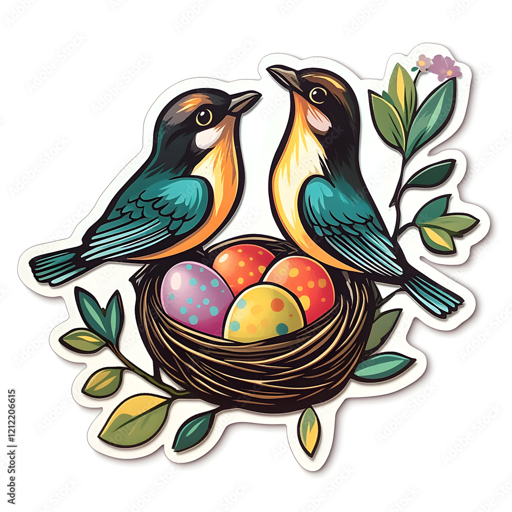 Fototapeta premium Delightful graphic of two birds in a nest with vibrant Easter eggs