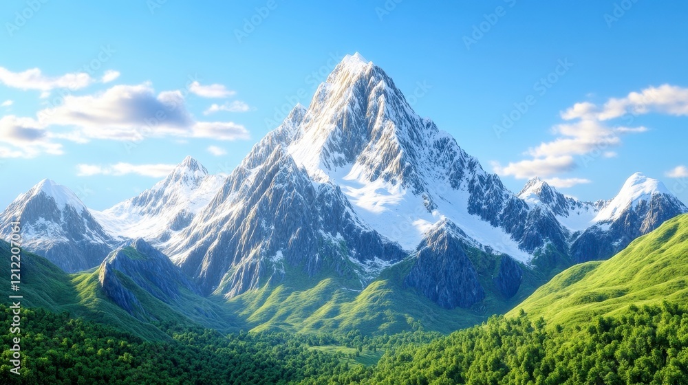 Fototapeta premium Majestic Snow-Capped Mountain Peak with Lush Green Valley Below