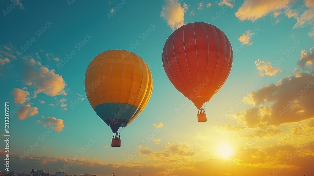 Obraz premium Two vibrant hot air balloons ascending against a colorful sunset sky, with a city skyline in the background