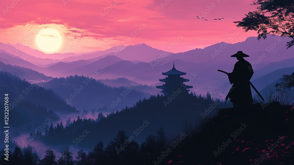 Silhouette of a Ninja at Sunrise over Mountains, Capturing the Essence of Stealth, Tradition, and Serene Dawn in a Majestic Landscape Silhouette of a Ninja at Sunrise over Mountains, Capturing the Essence of Stealth, Tradition, and Serene Dawn in a Majestic Landscape