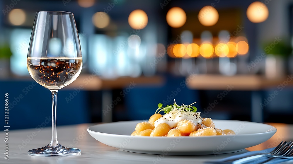 Delicious gnocchi dish with creamy sauce and herbs served with a glass of white wine in a restaurant setting. Delicious gnocchi dish with creamy sauce and herbs served with a glass of white wine in a restaurant setting.