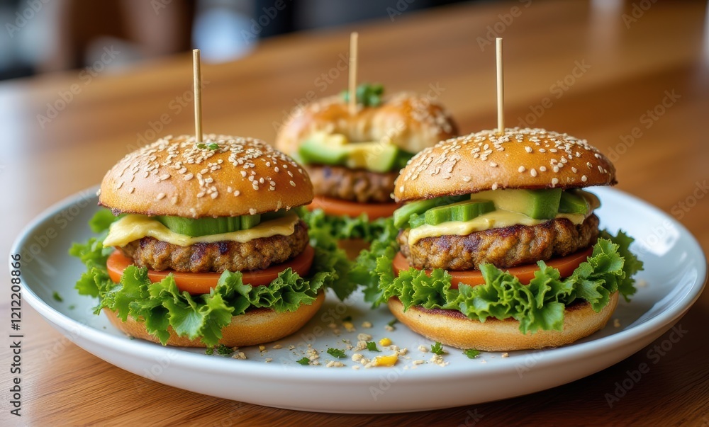 Three delicious gourmet burgers on a plate Three delicious gourmet burgers on a plate