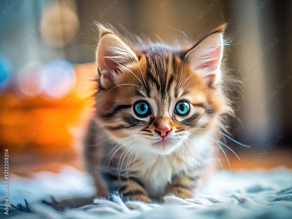 Fototapeta premium Adorable Tiny Kitten Playing, Candid Documentary Style Photo