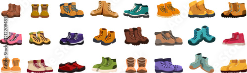 Hiking boots icons set. Colorful array of hiking boots, presenting diverse designs for trekking and outdoor activities