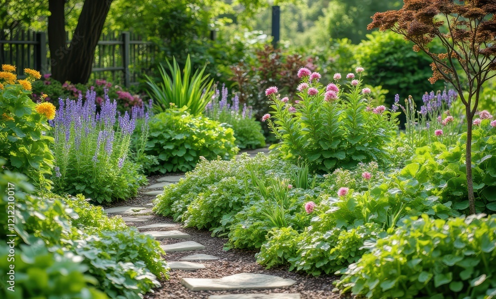 Colorful garden path with vibrant flowers Colorful garden path with vibrant flowers