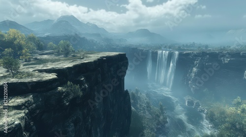 Majestic Waterfall Cascading Through Rocky Cliffs in a Hazy Mountain Landscape