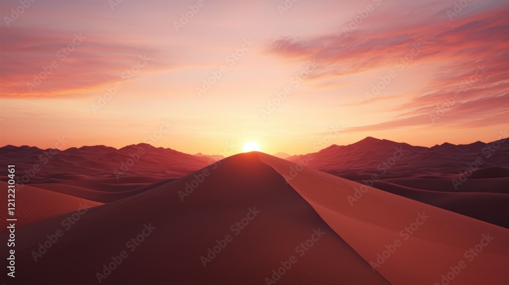 Serene Sunset over Rolling Desert Dunes and Mountains Serene Sunset over Rolling Desert Dunes and Mountains
