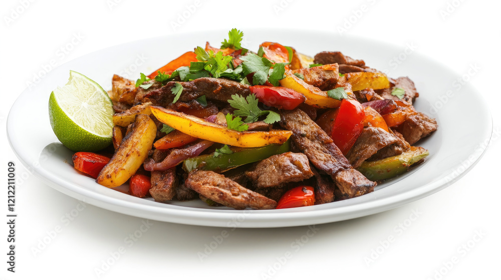 Plate of grilled beef with vegetables and lime. Plate of grilled beef with vegetables and lime.