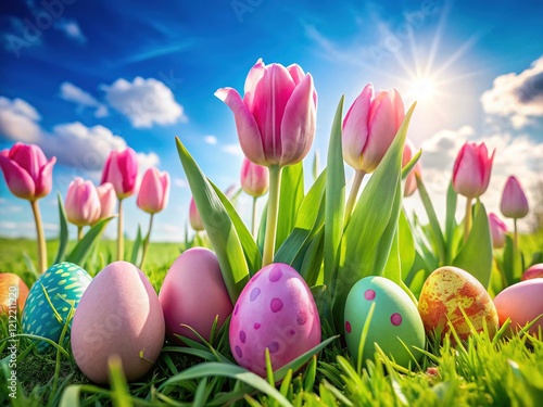 Easter Eggs, Pink Tulips, Spring Meadow, Blue Sky - Happy Easter Stock Photo