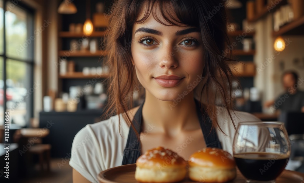 Young woman serving pastries in a café Young woman serving pastries in a café