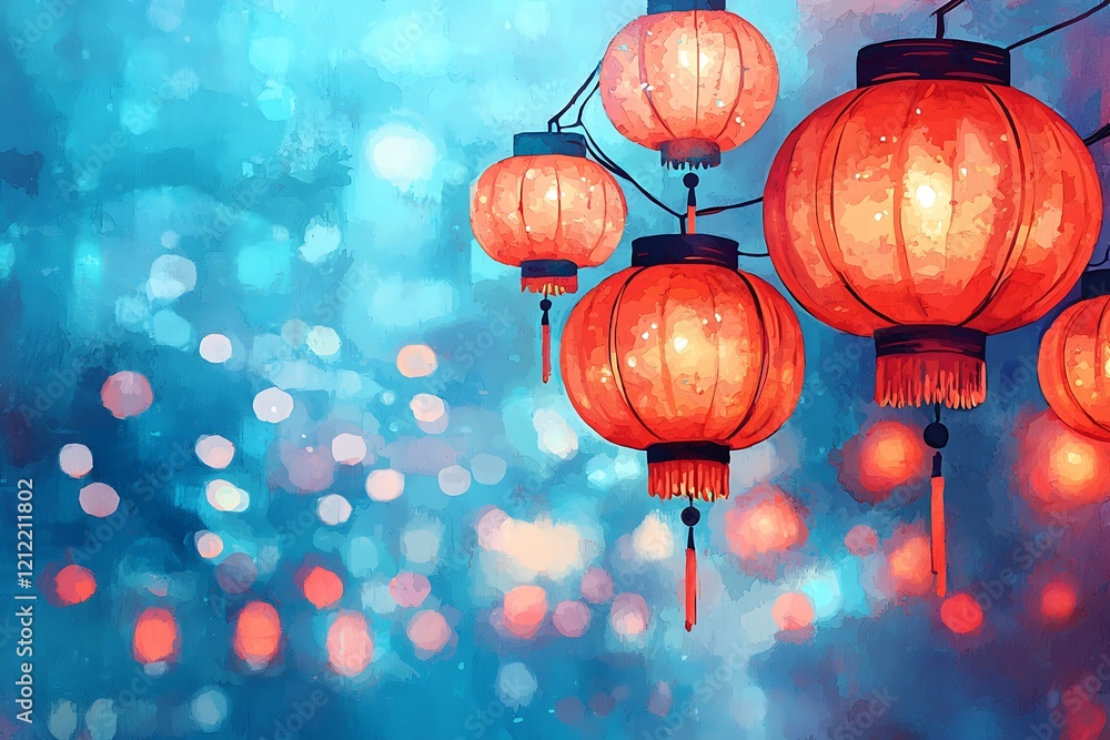 Obraz premium Colorful red lanterns illuminated against a dreamy blue backdrop, creating a festive and enchanting atmosphere.