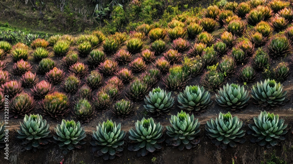 Fototapeta premium Rows of colorful succulents planted on a hillside.