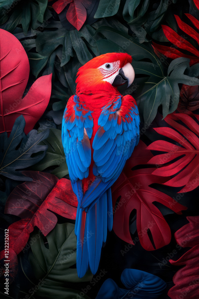 Fototapeta premium A mesmerizing photograph of a parrot with bright red and blue paint splatters on its feathers, set against an abstract, colorful jungle backdrop,