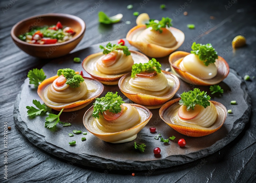 Fototapeta premium Fresh Geoduck Slices on Slate Plate - High-Resolution Stock Photo