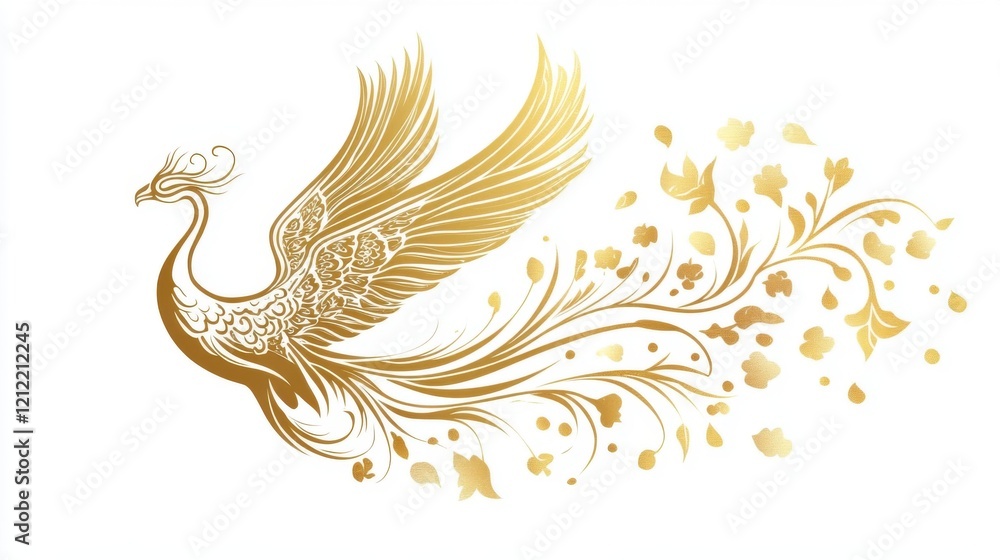 Obraz premium Golden Peacock in Flight, Artistic Illustration, Nature Scene, Vibrant Colors, Aesthetic Beauty, Ethereal Environment for Visual Appeal