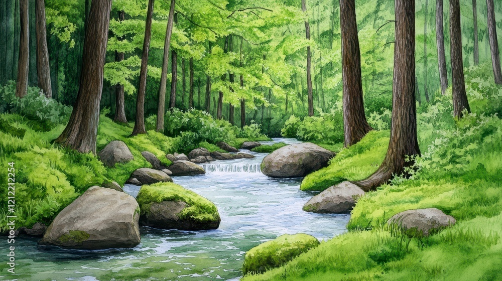 Serene Forest Landscape with Stream and Lush Greenery Serene Forest Landscape with Stream and Lush Greenery