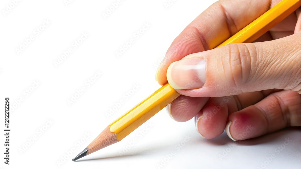 Hand Holding Pencil, Isolated White Background, Copy Space Left Hand Holding Pencil, Isolated White Background, Copy Space Left