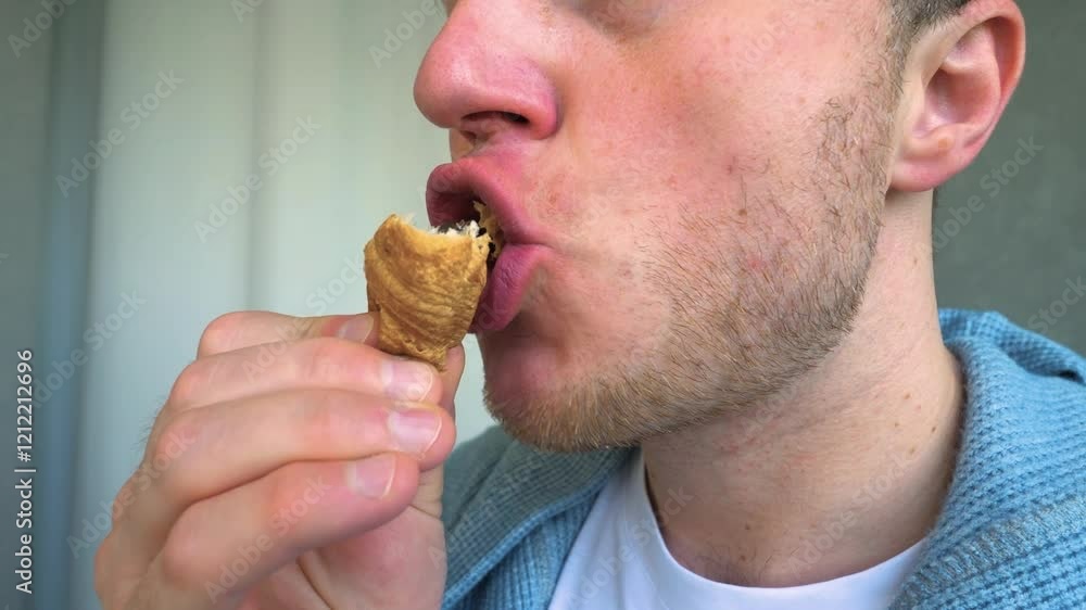 A man eats a chocolate croissant, close-up, in slow motion. Eat pastries with chocolate filling. A man eats a chocolate croissant, close-up, in slow motion. Eat pastries with chocolate filling.