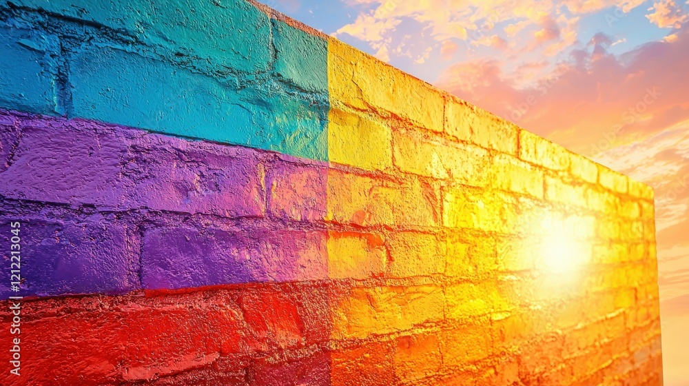 Fototapeta premium Bright Sunset Illuminating a Colorful Brick Wall with Abstract Patterns and Textures