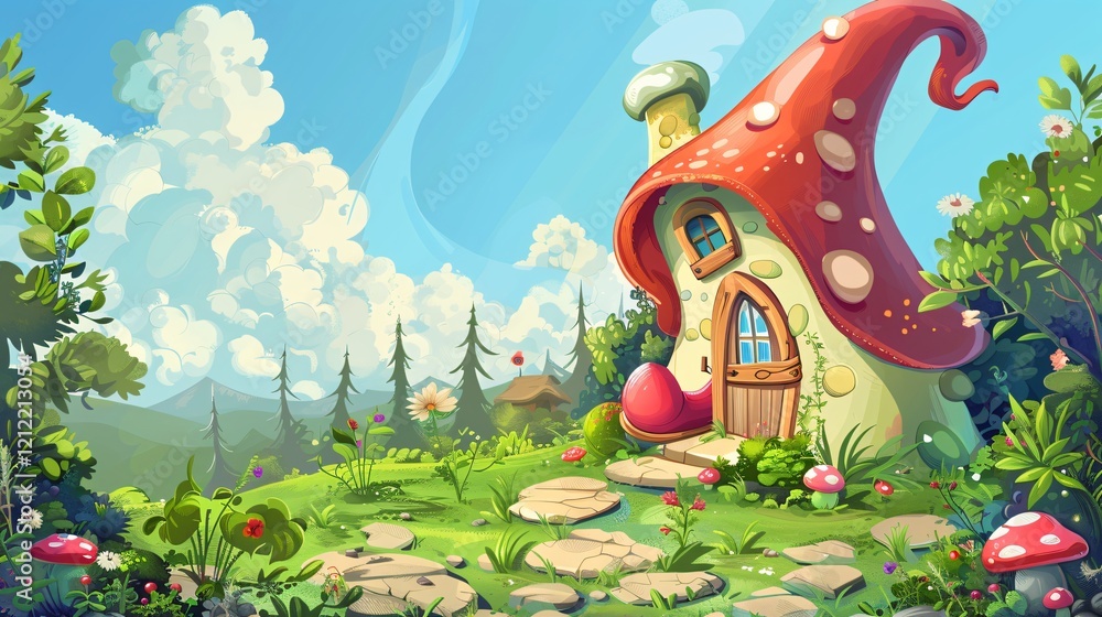 Obraz premium Whimsical Fairy House in Elf Boot with Cartoon Gnome Home Vector Illustration