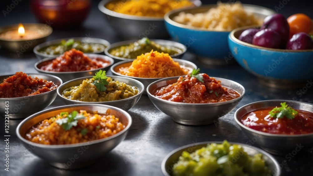 A vibrant array of colorful Indian dishes and condiments in silver bowls, showcasing culinary diversity. A vibrant array of colorful Indian dishes and condiments in silver bowls, showcasing culinary diversity.