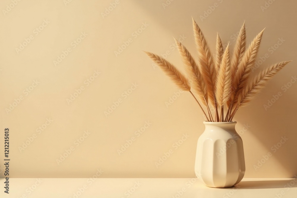Naklejka premium Serene Minimalist Home Decor Beige Vase with Dried Pampas Grass in Soft Sunlight