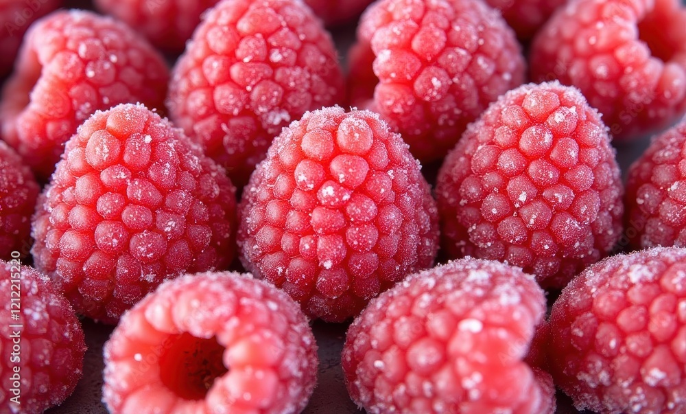 Fresh, vibrant raspberries covered in sugar Fresh, vibrant raspberries covered in sugar