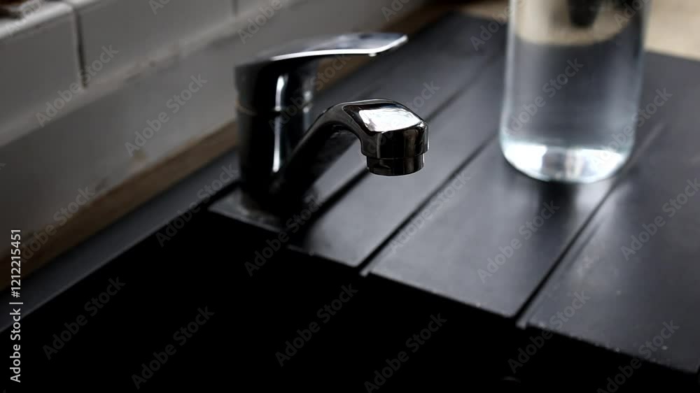 Verser de l'eau du robinet dans un verre transparent Verser de l'eau du robinet dans un verre transparent