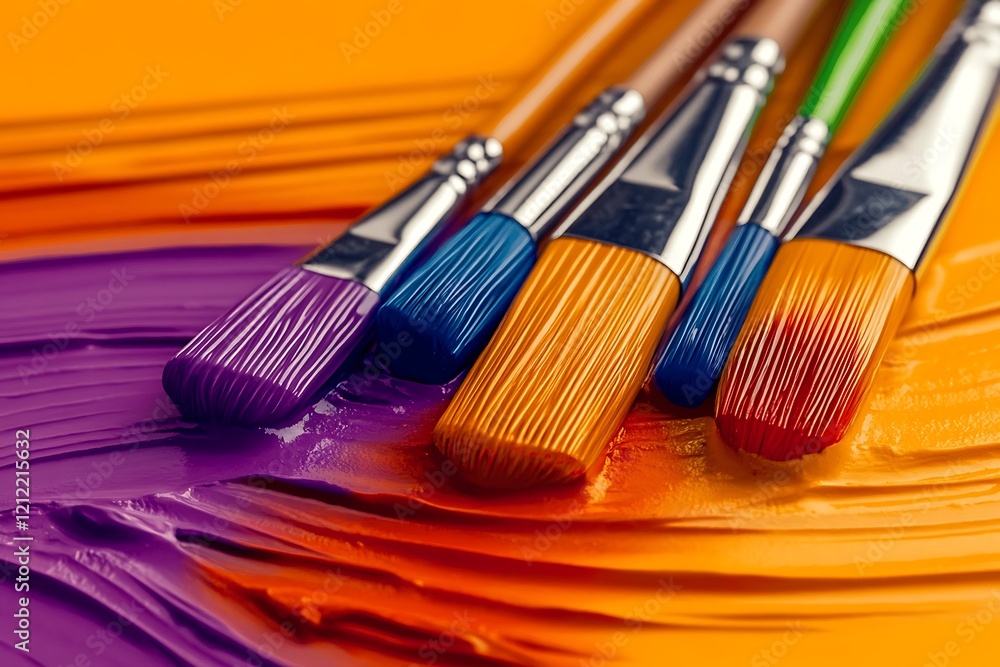 Fototapeta premium Vibrant paint brushes resting on a palette of rich orange and purple hues, showcasing artistic tools.