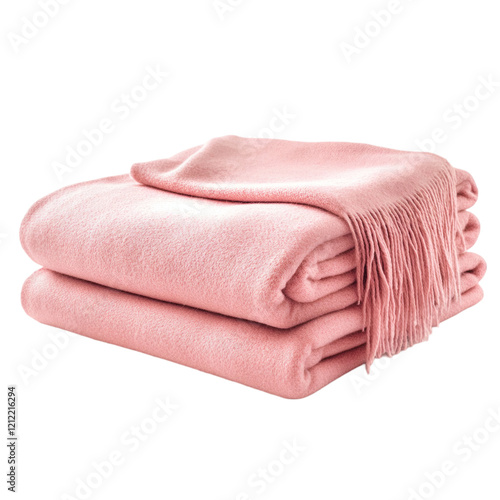 A soft throw blanket in pastel pink, neatly folded, isolated on white.